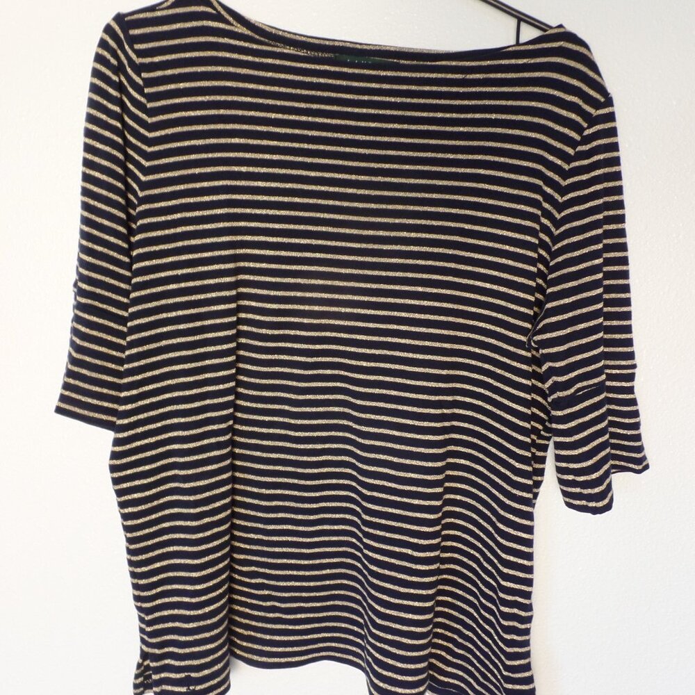 Lauren Ralph Lauren Fancy Glitter Shirt XL?? Navy with Gold Glitter Stripes XLNT